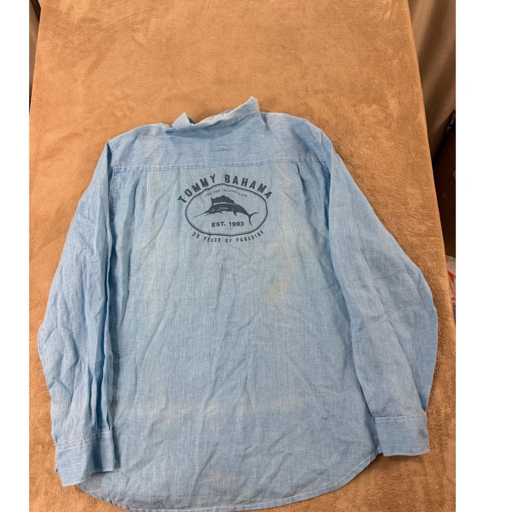Tommy Bahama Shirt Linen Chambray 25 years paradise men XL Blue Long Sleeve